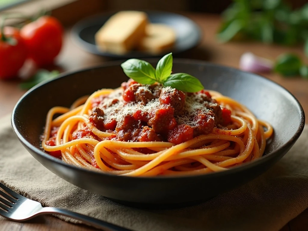 Bowl of comforting one-pot spaghetti with meat sauce and Parmesan