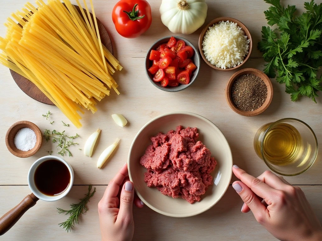 Ingredients for one-pot spaghetti with meat sauce