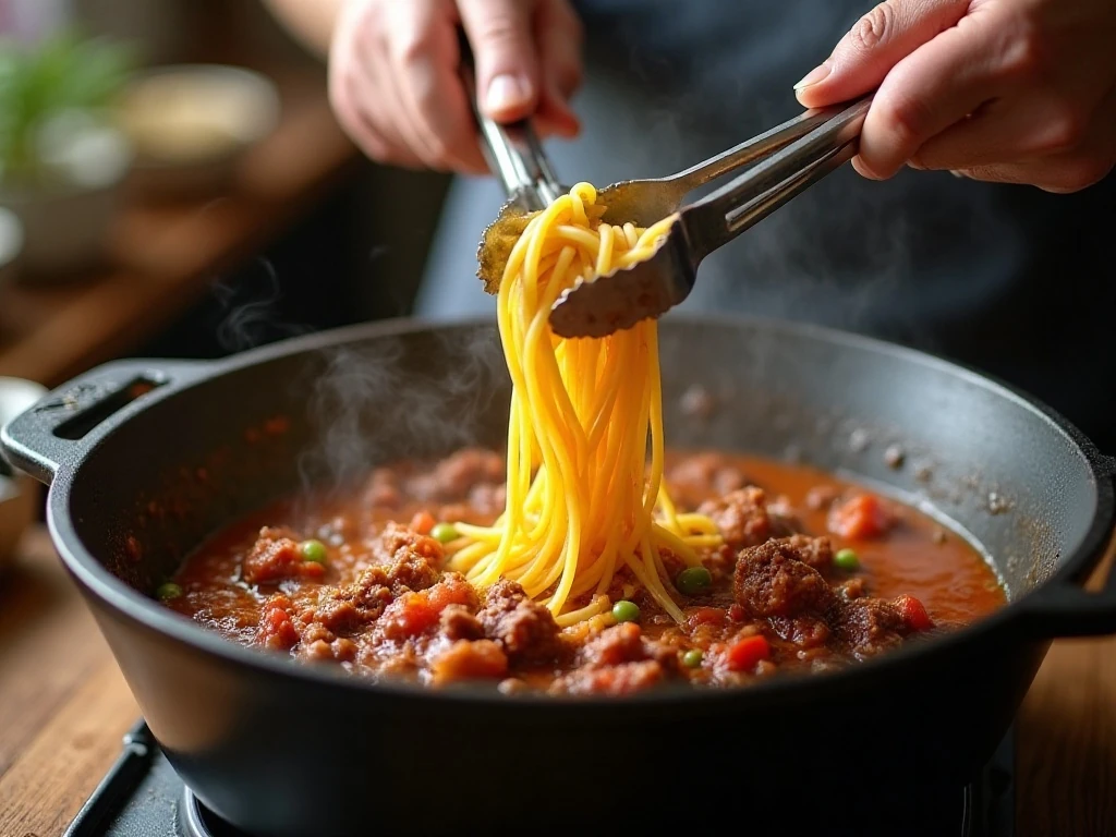 Spaghetti being pressed into meat sauce in a one-pot cooking method