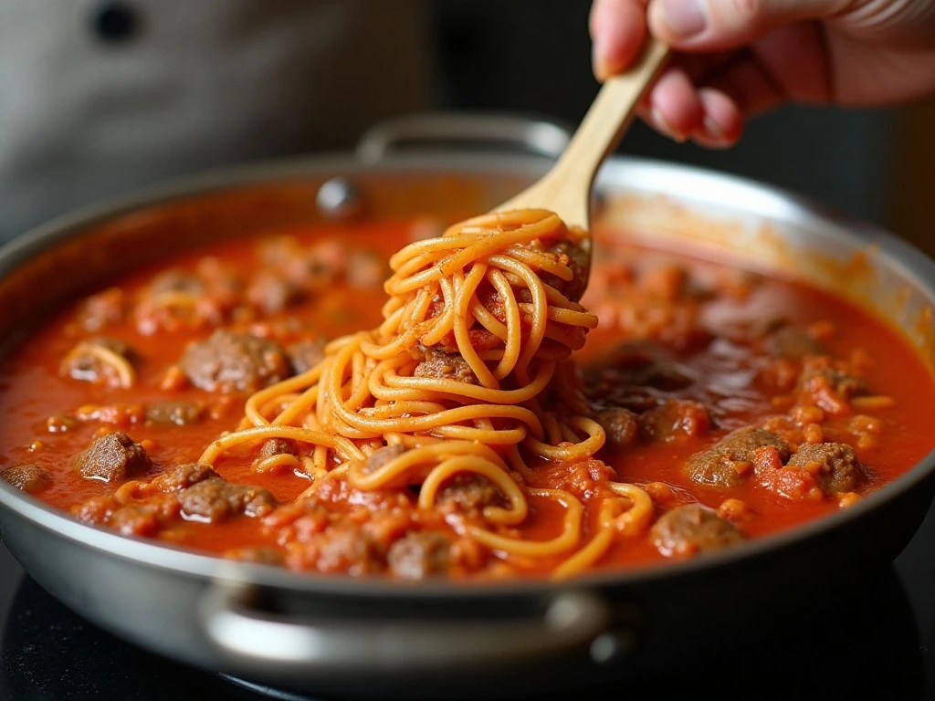 Spaghetti and meat sauce being stirred in a wide pan