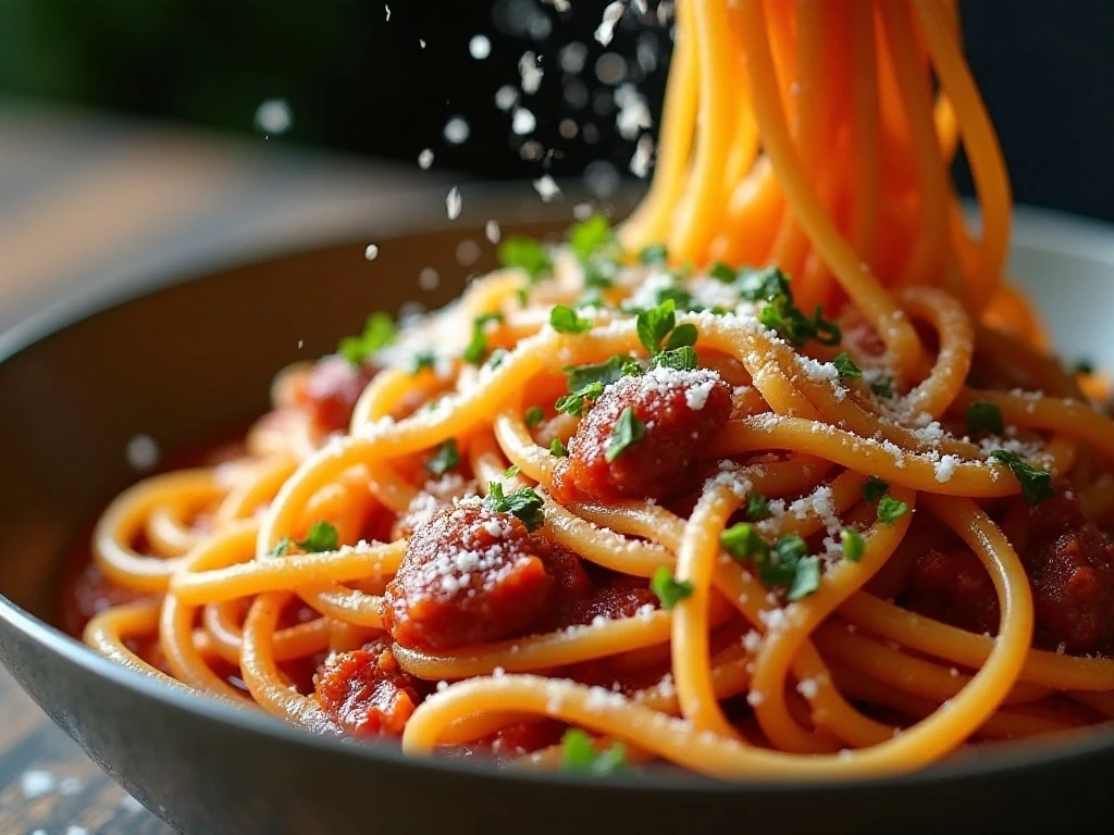 Parmesan and fresh herbs garnishing one-pot spaghetti with meat sauce