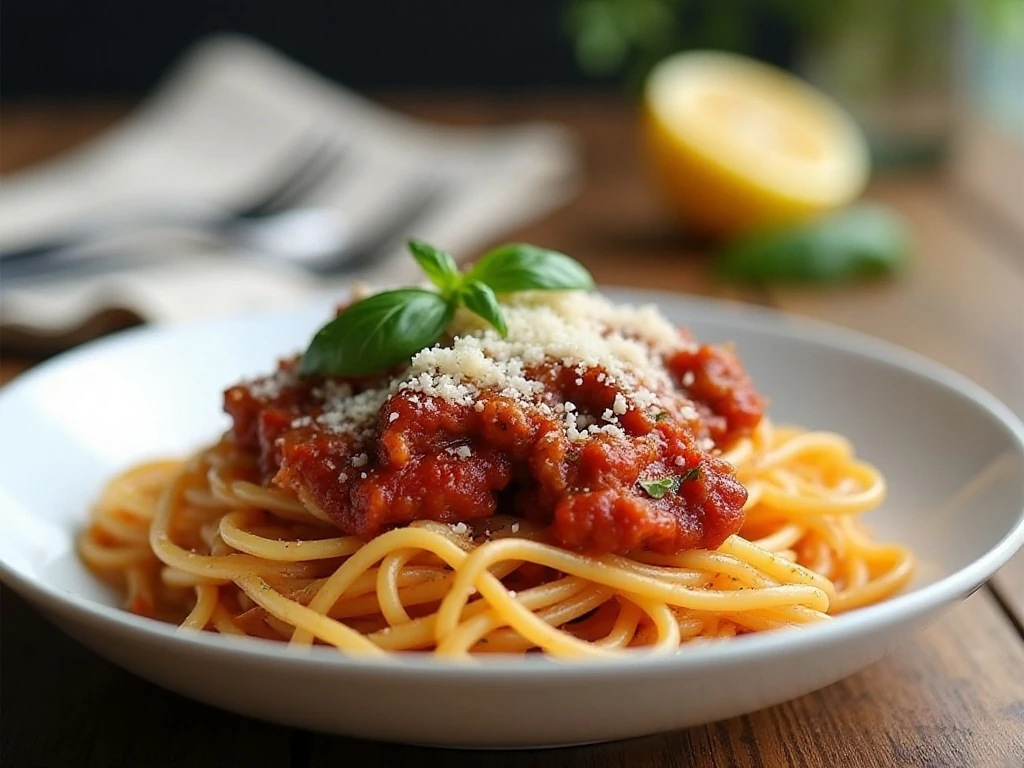Finished one-pot spaghetti with rich meat sauce and fresh basil
