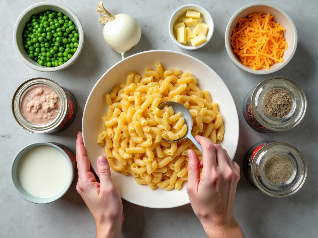 Ingredients for one-pot tuna noodles arranged on a counter