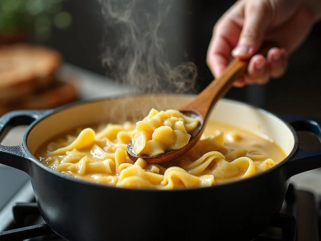 Egg noodles cooking in creamy broth in one pot