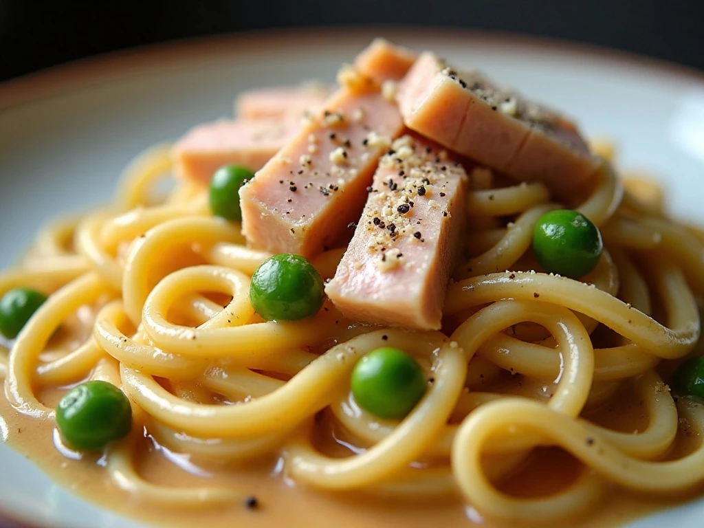 Close-up serving of creamy tuna noodles with Parmesan
