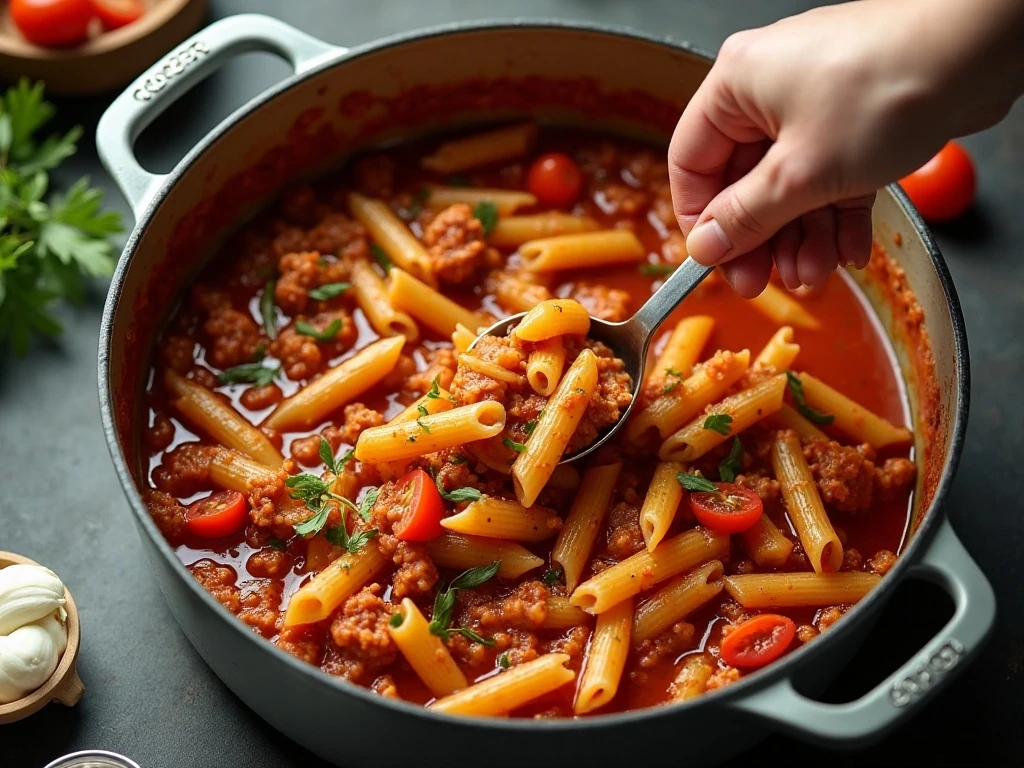 Penne simmering with turkey and tomato sauce in one skillet