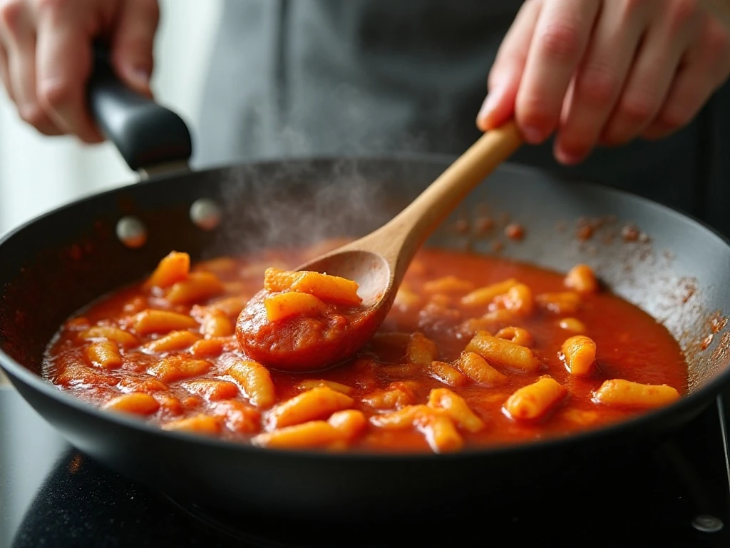 Stirring one-pot pasta so it cooks evenly