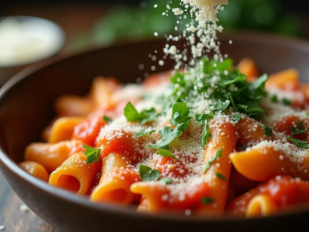 Parsley and Parmesan garnish on turkey pasta