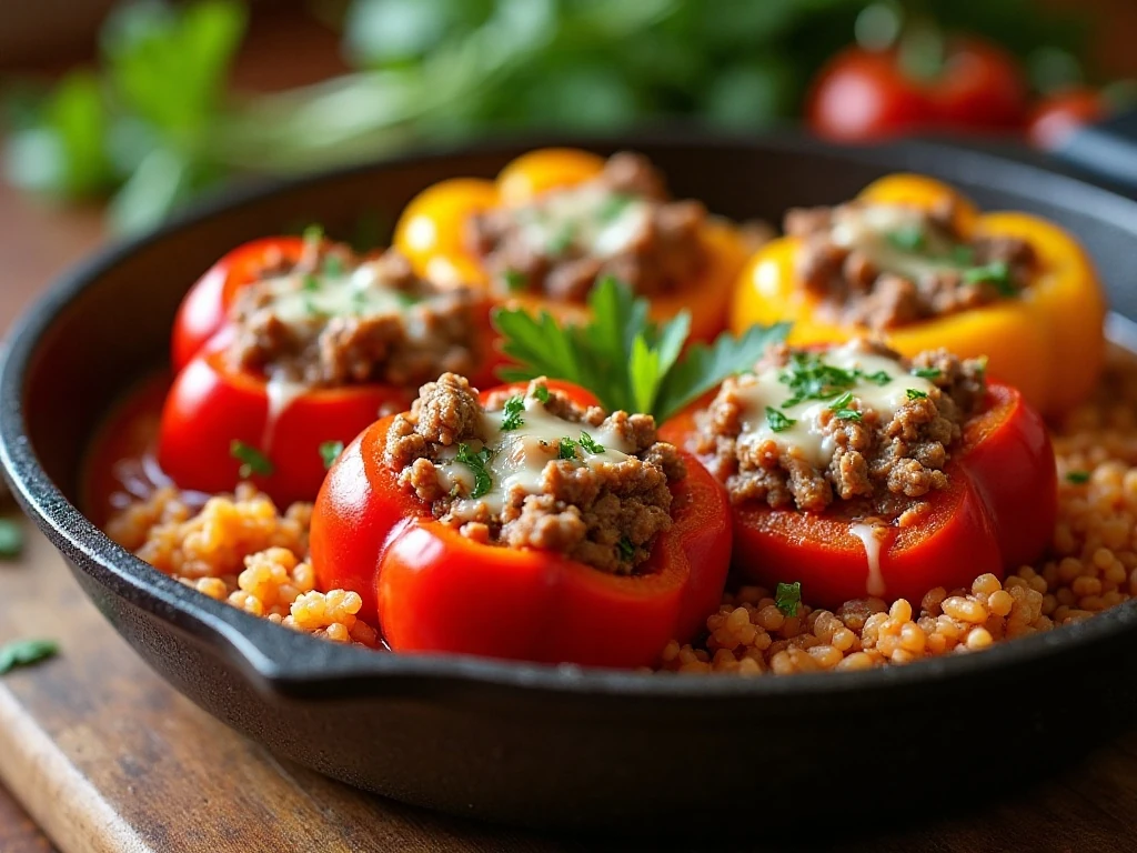Hearty one-pot unstuffed peppers with rice, ground beef, tomatoes, and melted cheese