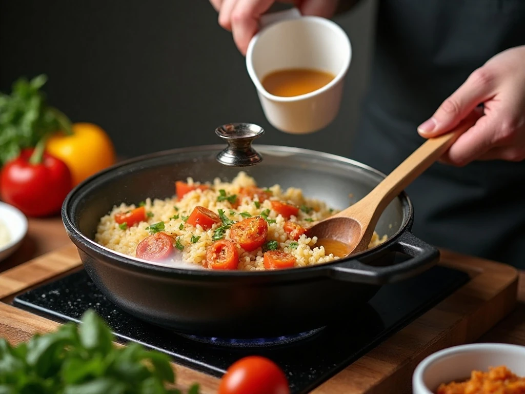 Covered skillet simmering rice and peppers for tender results
