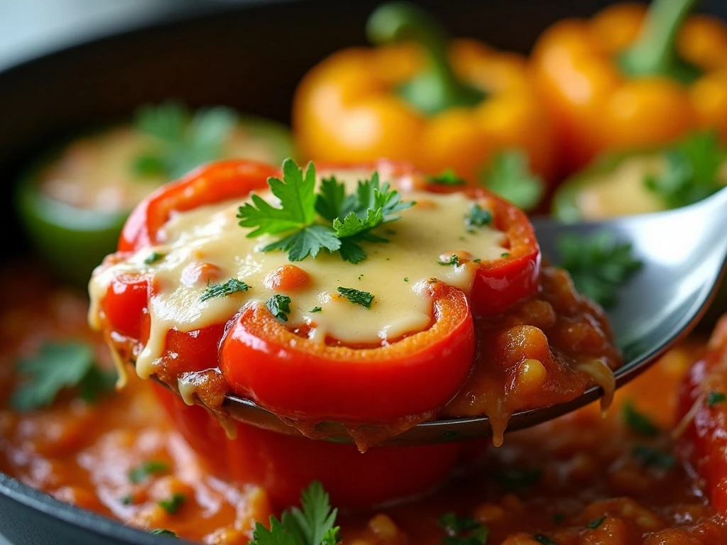 Melted cheese and parsley garnish on one-pot unstuffed peppers