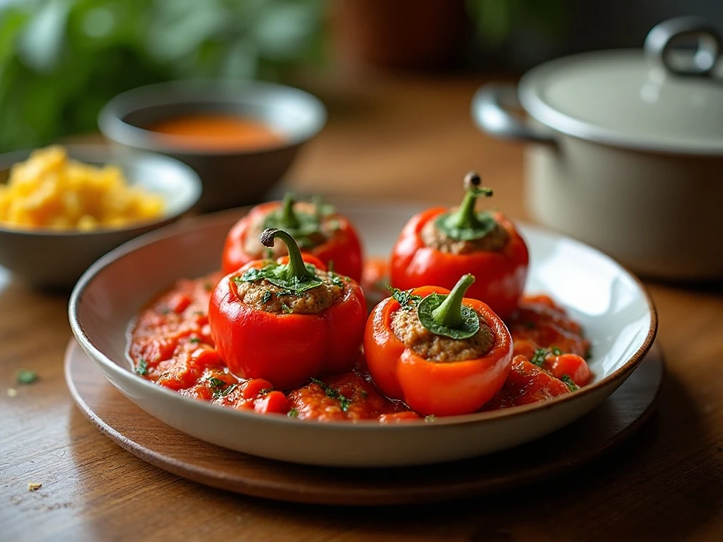 One-pot unstuffed peppers prepared for serving and leftovers