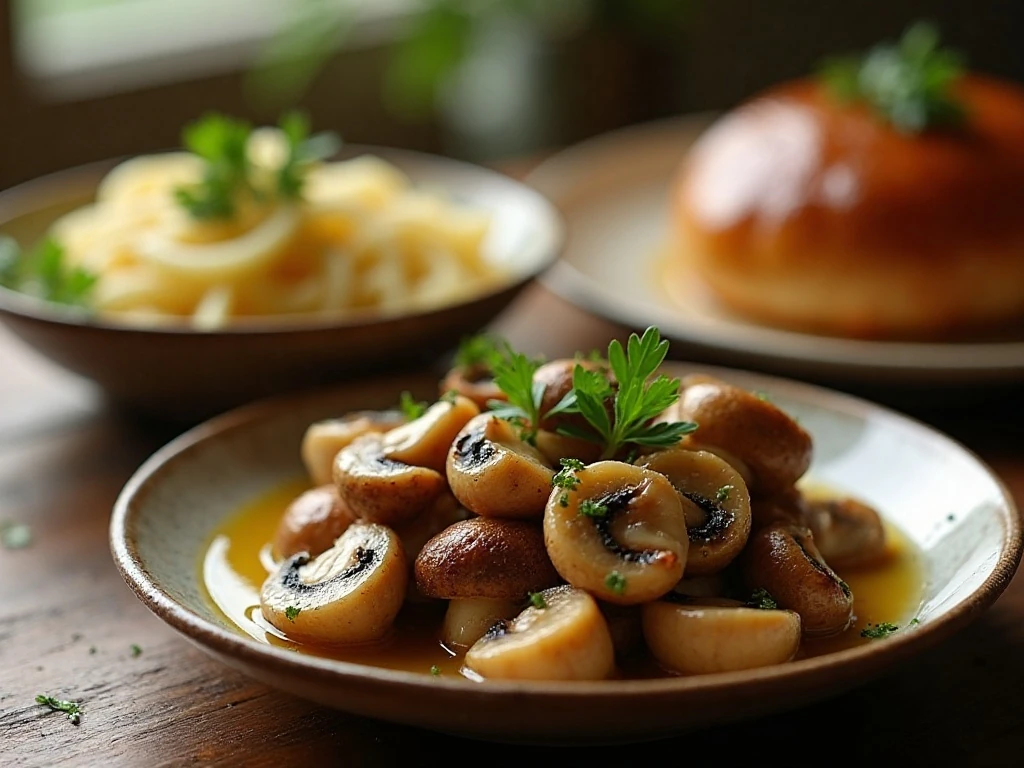 Bowl of easy garlic butter mushrooms served as a dinner side