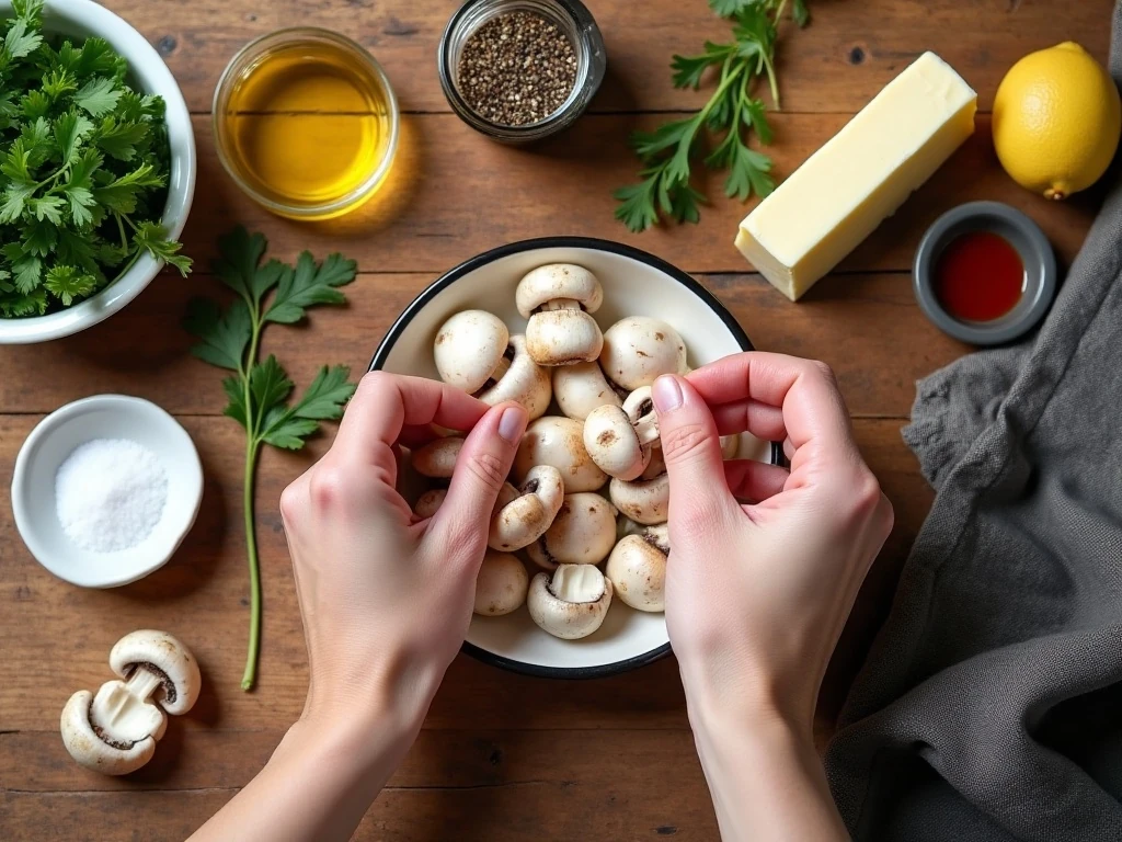 Ingredients for garlic butter mushrooms arranged for a quick skillet recipe