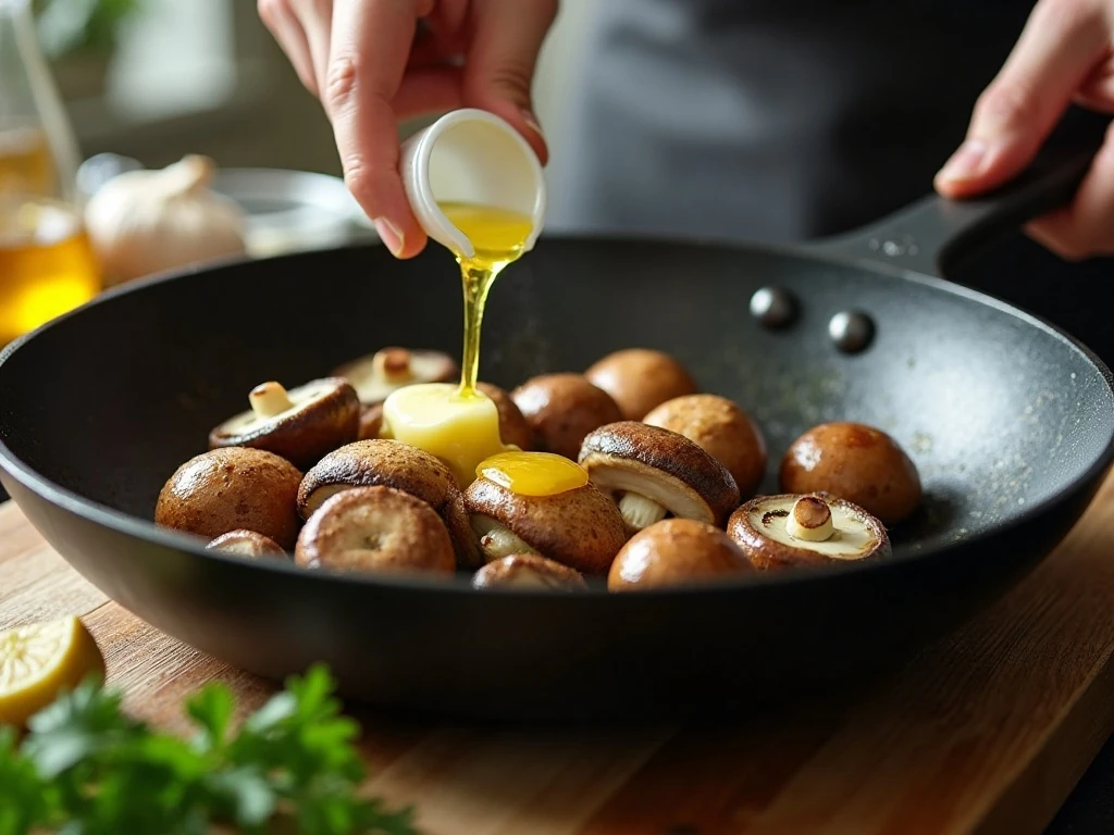 Mushrooms browning in butter and olive oil in a skillet