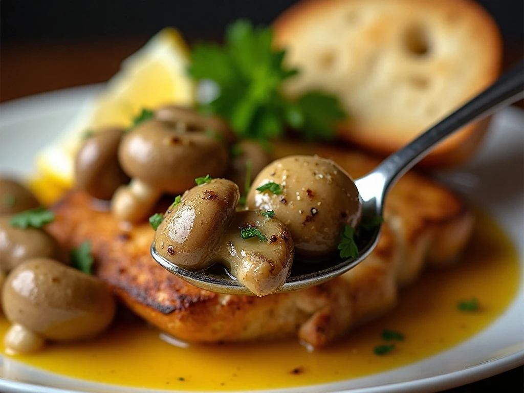 Garlic butter mushrooms served with dinner and crusty bread