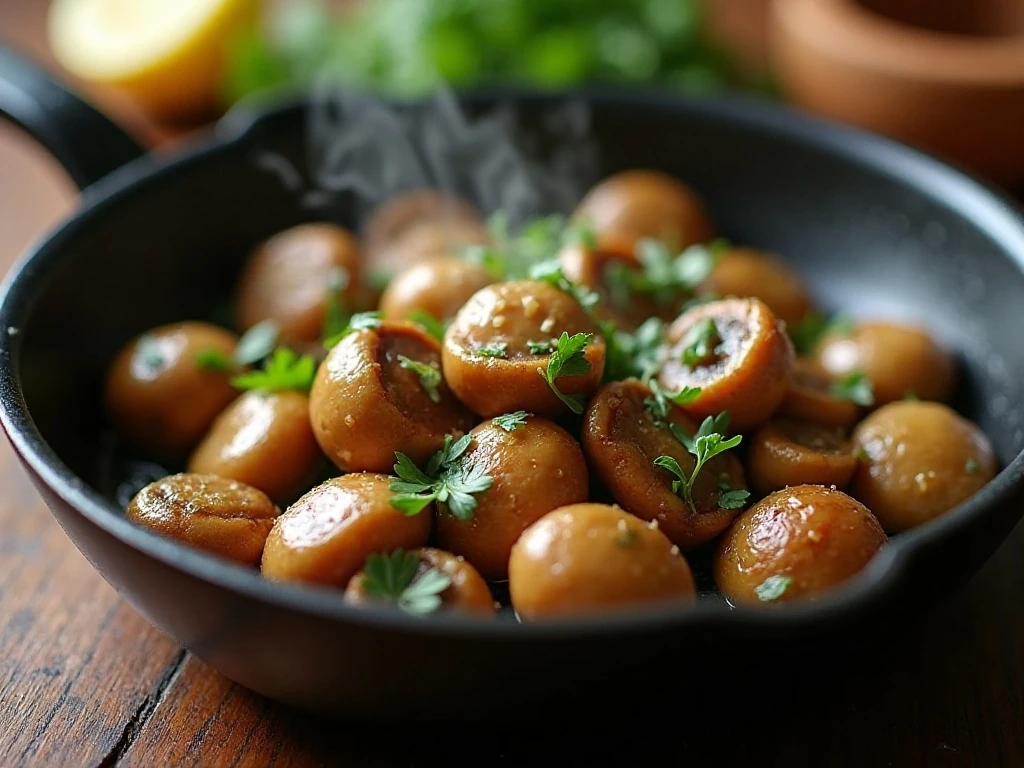 Close-up of garlic butter mushrooms with fresh parsley