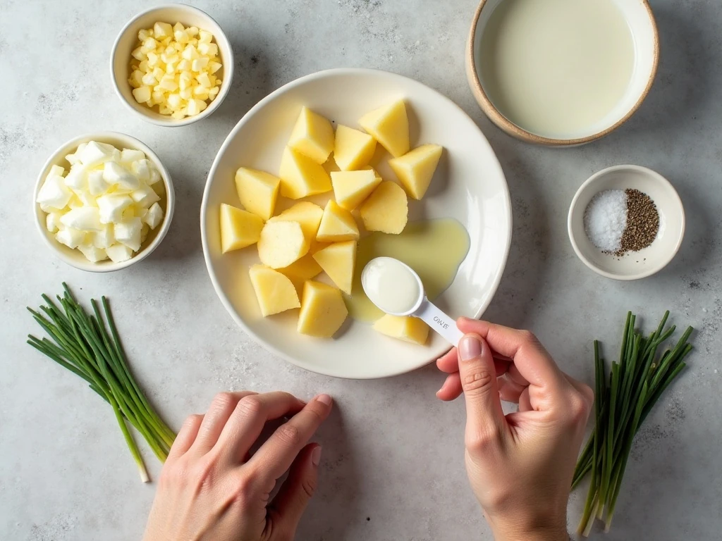 Ingredients for creamy onion mashed potatoes arranged on a countertop
