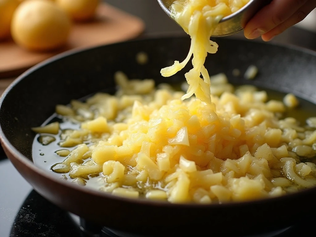 Chopped onions cooking in butter while potatoes simmer for mashed potatoes