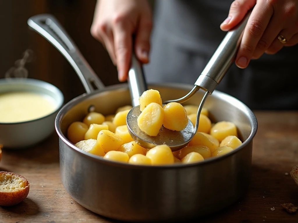 Potatoes being gently mashed for a creamy texture