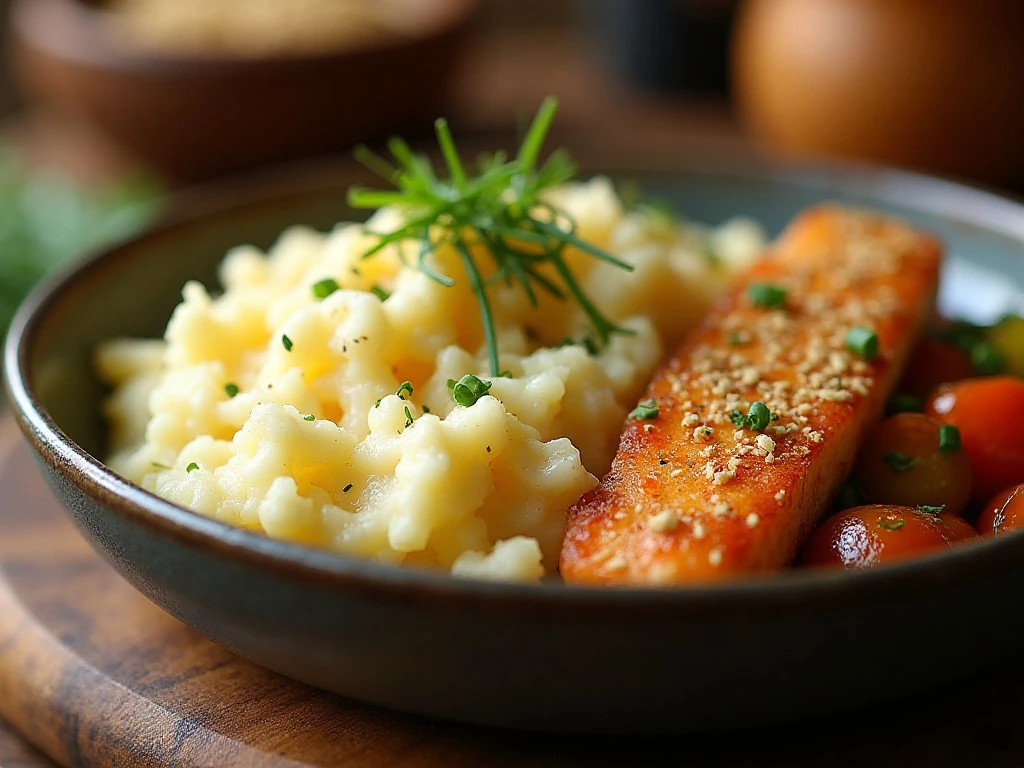 Creamy onion mashed potatoes served with fish and roasted vegetables