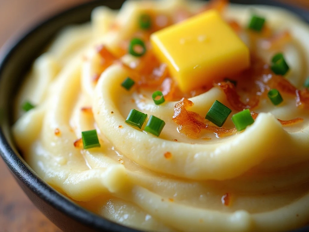 Close-up of creamy onion mashed potatoes topped with chives