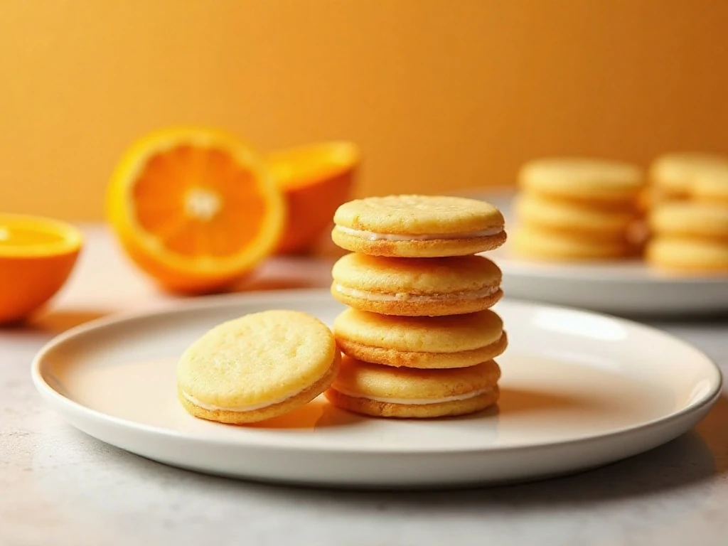 Soft orange cookies with glossy orange glaze arranged on a serving plate