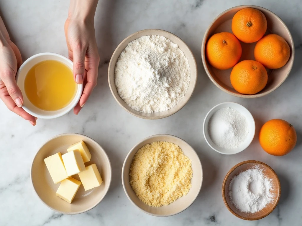 Ingredients for orange cookies with fresh orange glaze