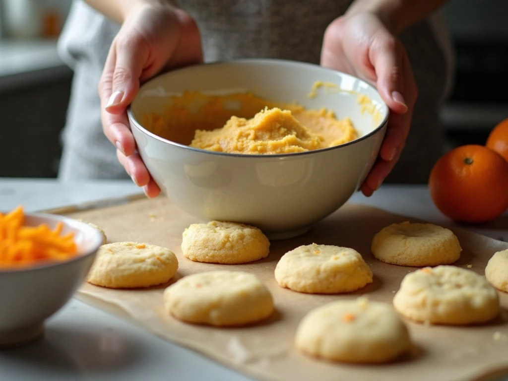 Portioning orange cookie dough onto a parchment-lined baking sheet