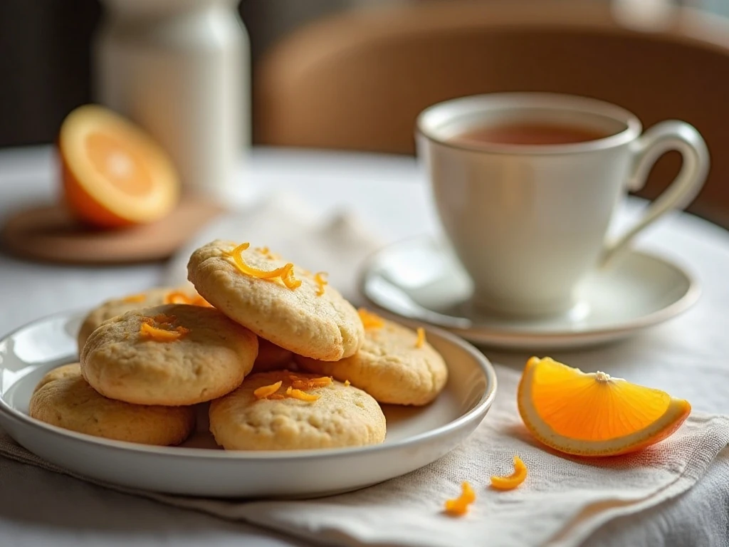 Orange-glazed cookies served with tea and fresh orange garnish