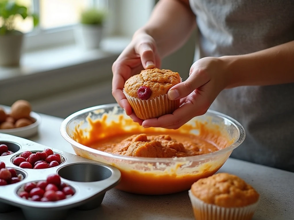 Folding cranberries into orange muffin batter
