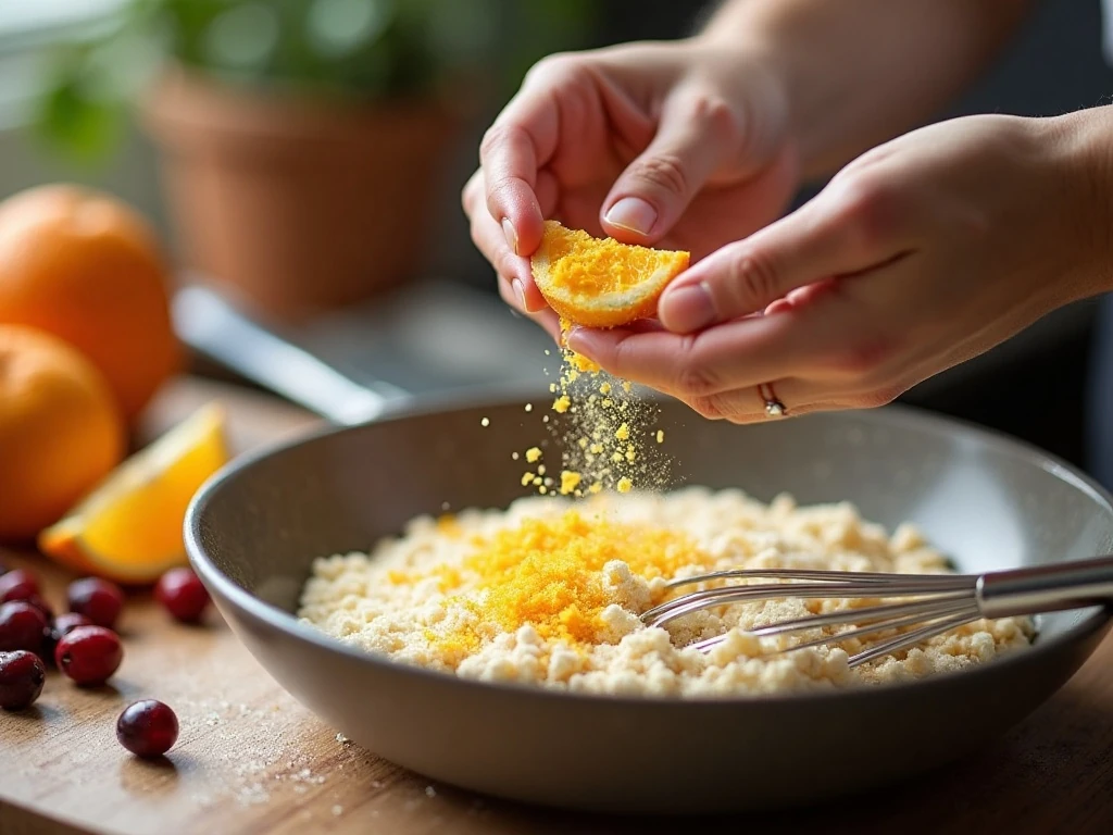 Grating fresh orange zest for cranberry muffins