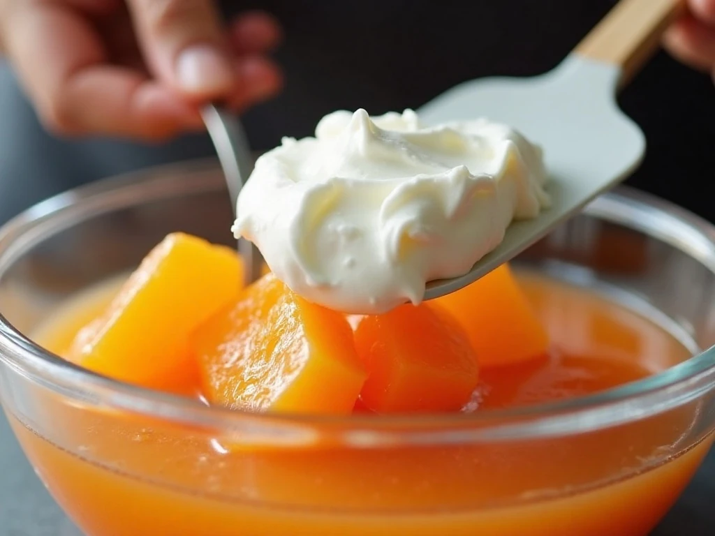 Folding whipped topping and fruit into orange gelatin
