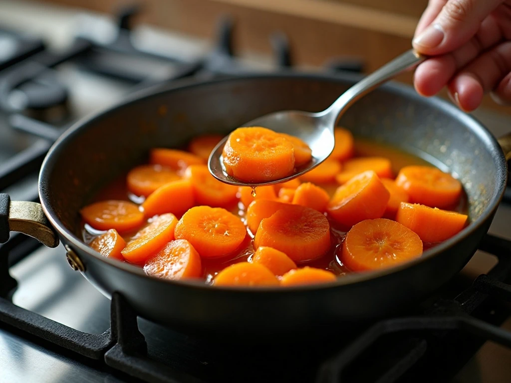 Carrots being tossed in a reduced orange butter glaze