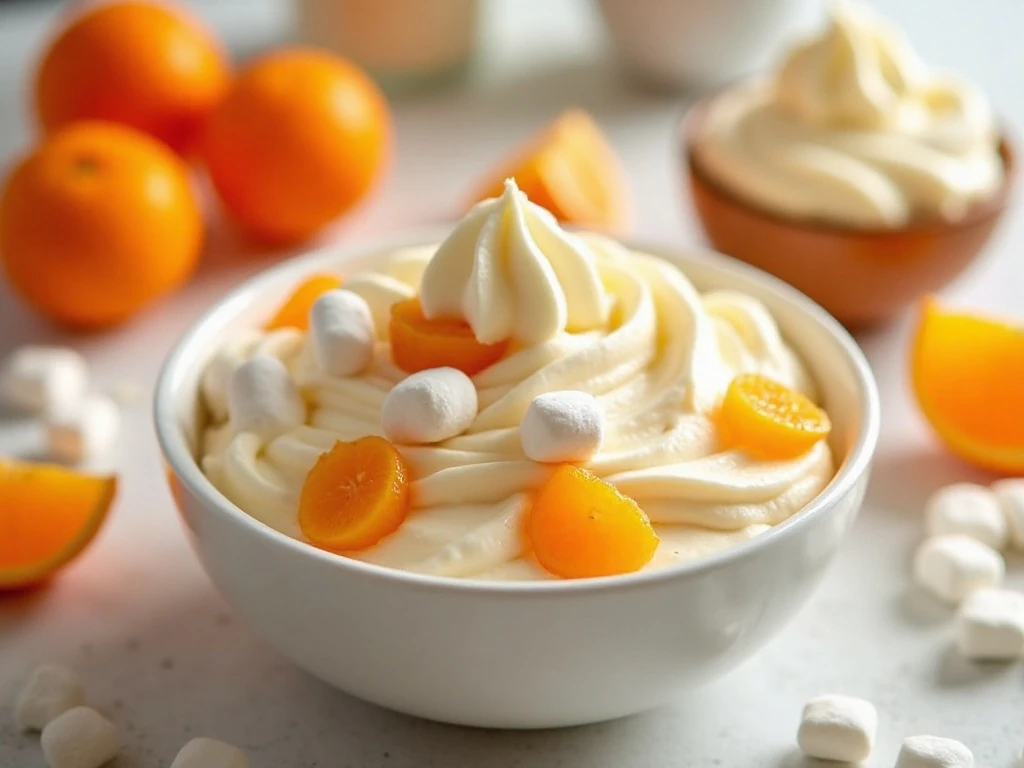 Orange vanilla cream fluff in a serving bowl with mandarin oranges and marshmallows