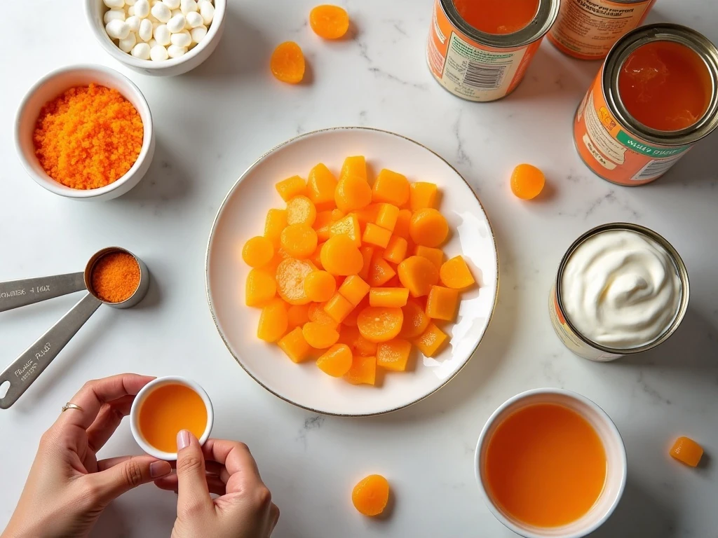 Ingredients for orange vanilla cream fluff arranged on a kitchen counter
