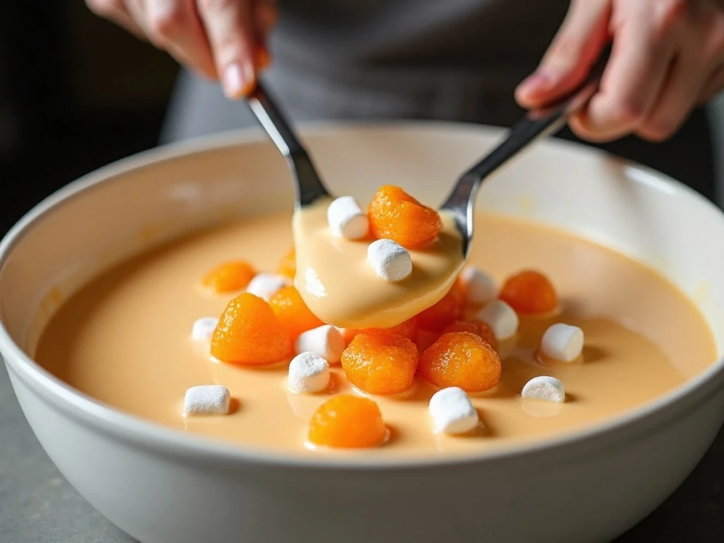Folding oranges and marshmallows into orange vanilla cream fluff