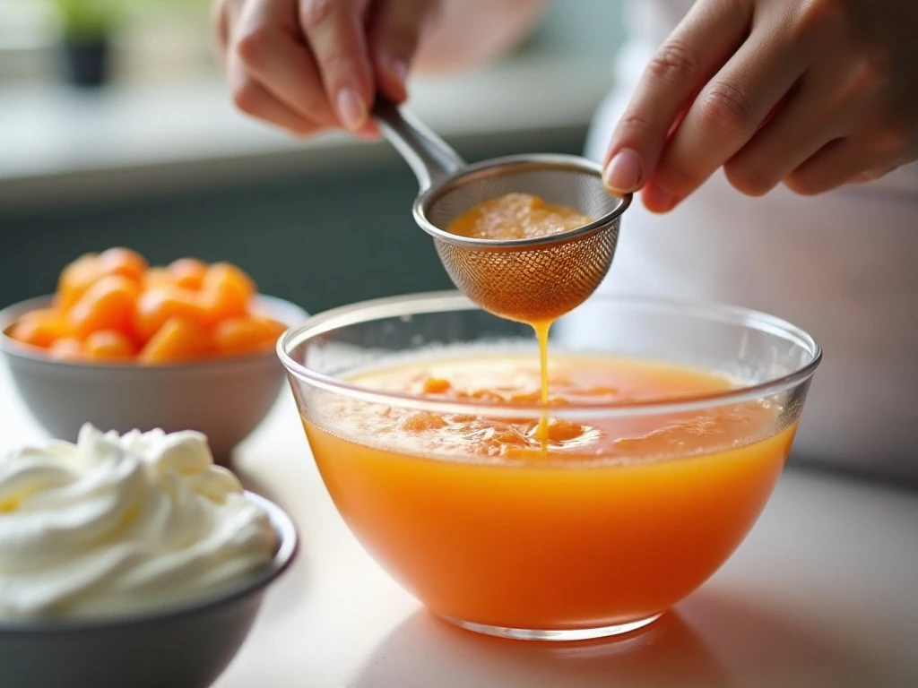 Draining mandarin oranges and preparing the fluffy dessert mixture