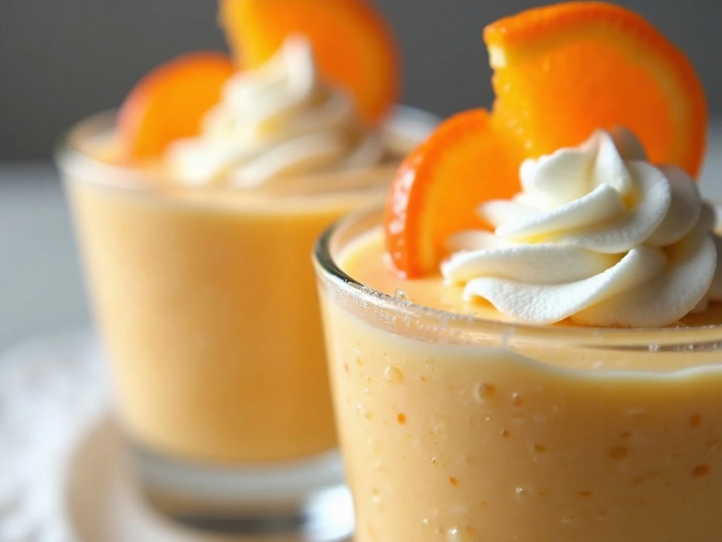 Individual cups of chilled orange vanilla cream fluff with garnish