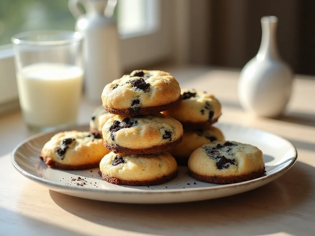 Stack of soft Oreo cheesecake cookies served with milk