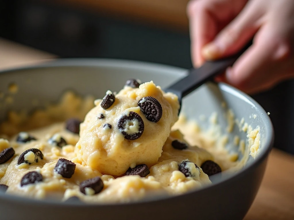 Folding crushed Oreo cookies into cheesecake cookie dough