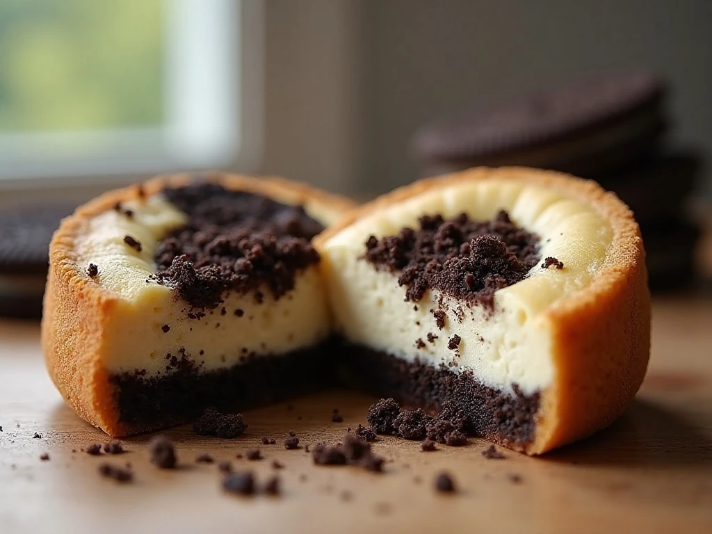 Close-up of the soft center and Oreo pieces in a cheesecake cookie