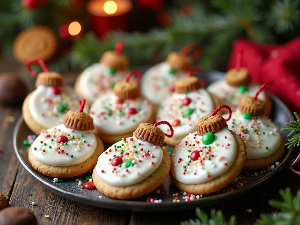 Finished Oreo Ornament Cookies arranged on a festive holiday platter