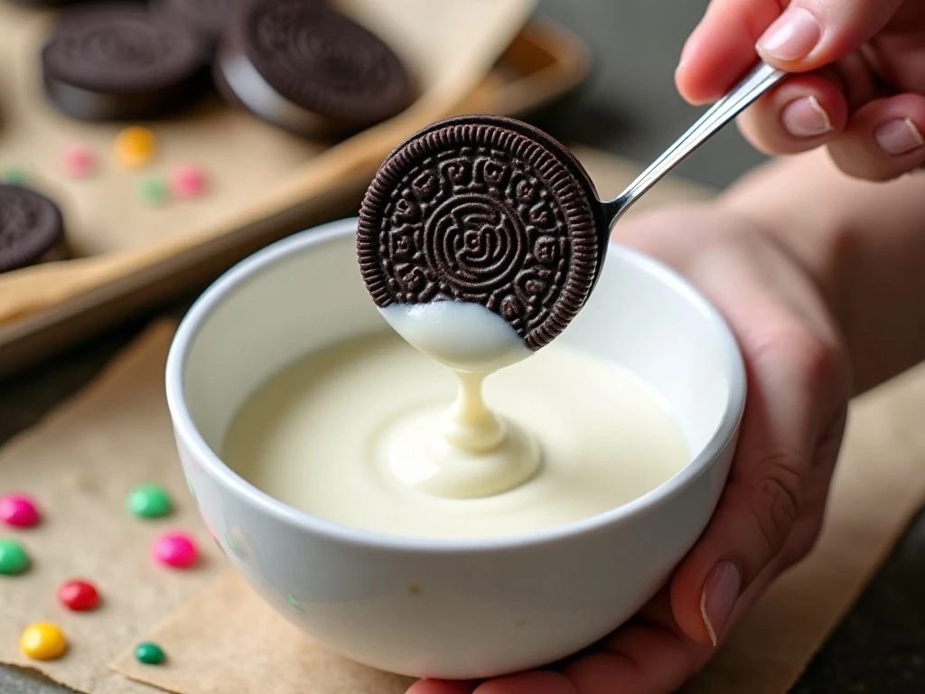 Dipping an Oreo cookie into melted white candy coating