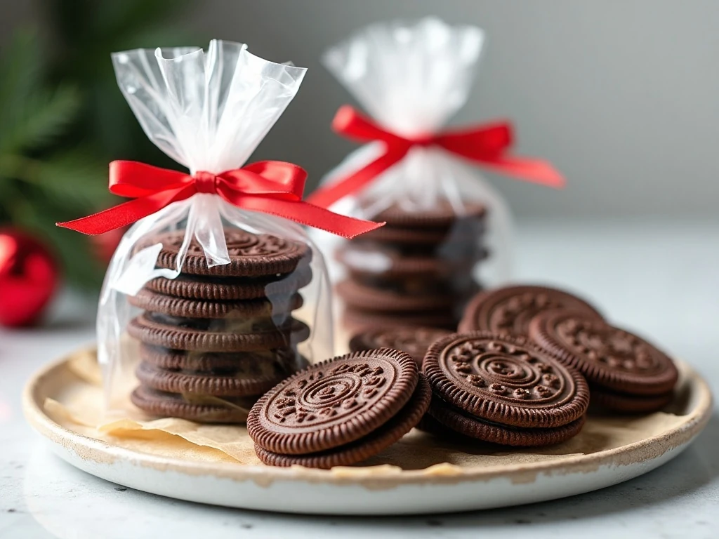 Oreo Ornament Cookies packaged for holiday gifts and serving