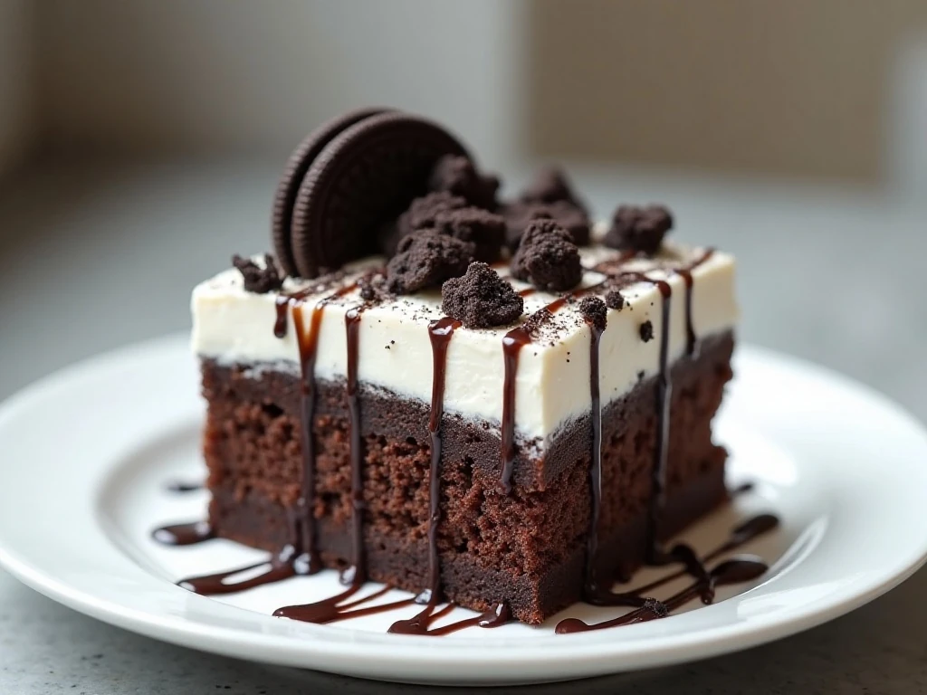 Slice of easy Oreo poke cake with whipped topping and crushed cookies