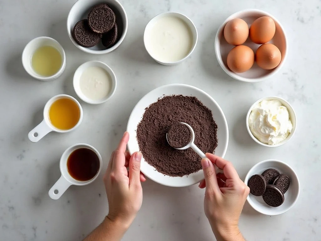 Ingredients for chocolate Oreo poke cake