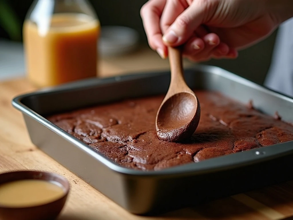 Poking holes in warm chocolate cake for Oreo poke cake