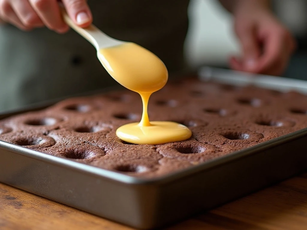 Adding sweetened condensed milk to chocolate poke cake