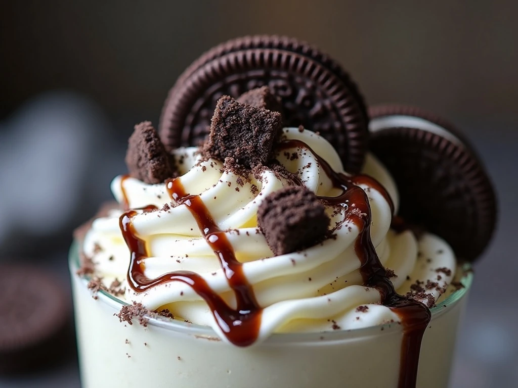 Oreo cookie topping and chocolate drizzle on poke cake